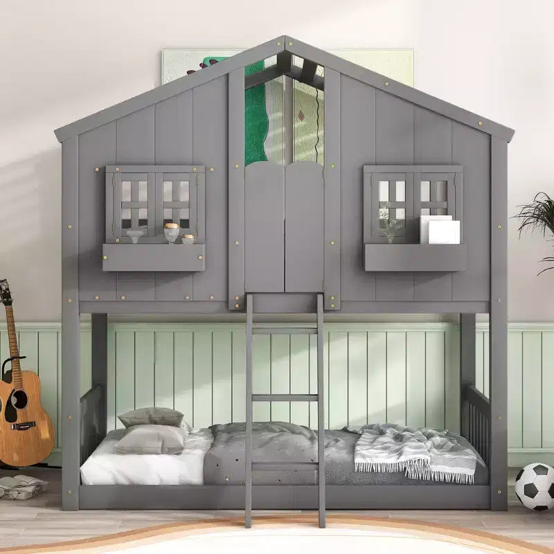 Twin over Twin Wood House Bunk Bed with Roof , Window, Safety Guardrails and Ladder-ModernLuxe
