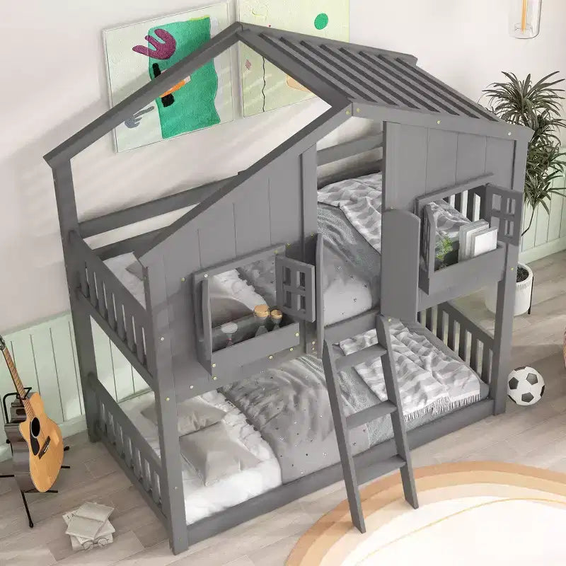 Twin over Twin Wood House Bunk Bed with Roof , Window, Safety Guardrails and Ladder-ModernLuxe