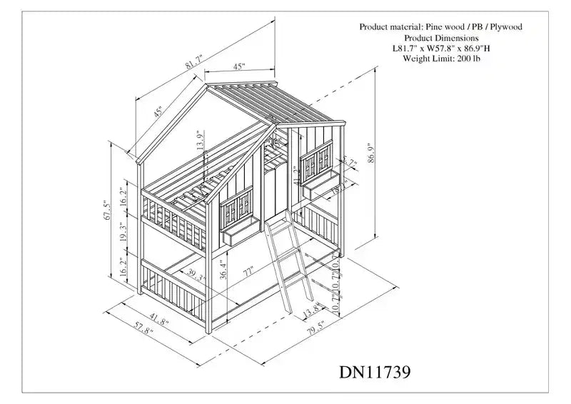 Twin over Twin Wood House Bunk Bed with Roof , Window, Safety Guardrails and Ladder-ModernLuxe