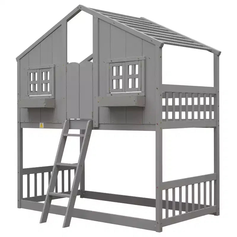 Twin over Twin Wood House Bunk Bed with Roof , Window, Safety Guardrails and Ladder-ModernLuxe