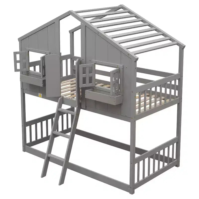 Twin over Twin Wood House Bunk Bed with Roof , Window, Safety Guardrails and Ladder-ModernLuxe