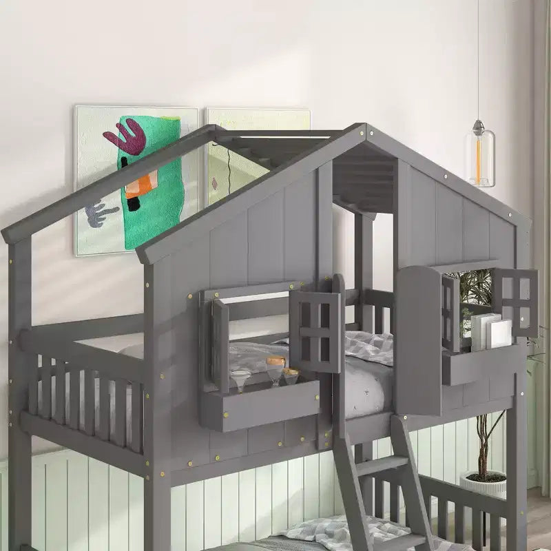 Twin over Twin Wood House Bunk Bed with Roof , Window, Safety Guardrails and Ladder-ModernLuxe