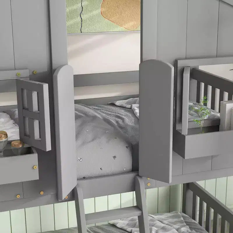 Twin over Twin Wood House Bunk Bed with Roof , Window, Safety Guardrails and Ladder-ModernLuxe