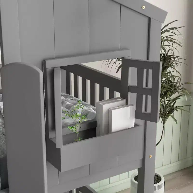 Twin over Twin Wood House Bunk Bed with Roof , Window, Safety Guardrails and Ladder-ModernLuxe