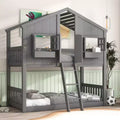 Twin over Twin Wood House Bunk Bed with Roof , Window, Safety Guardrails and Ladder-ModernLuxe