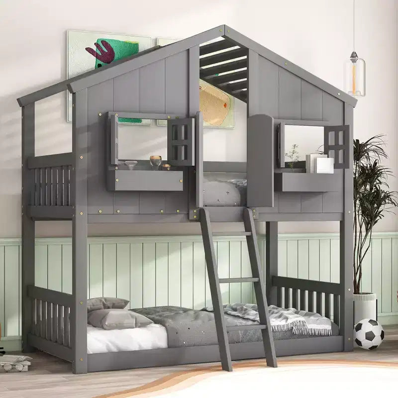 Twin over Twin Wood House Bunk Bed with Roof , Window, Safety Guardrails and Ladder-ModernLuxe