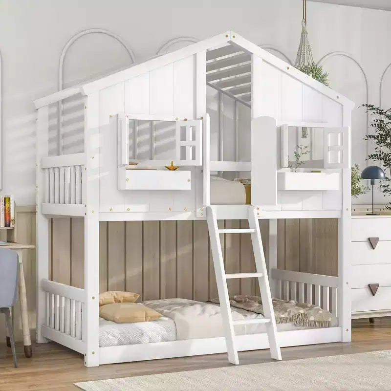 Twin over Twin Wood House Bunk Bed with Roof , Window, Safety Guardrails and Ladder-ModernLuxe