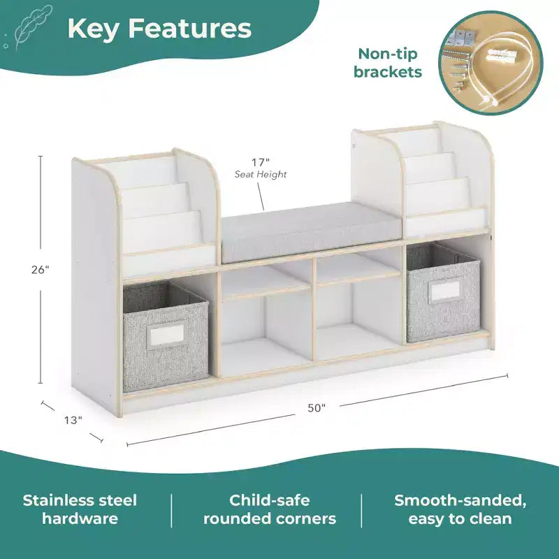Guidecraft EdQ Reading Nook: Wooden Kids' Furniture for Book Storage with Bins and Cushioned Seat, Reading Bench Bookshelf