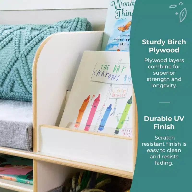 Guidecraft EdQ Reading Nook: Wooden Kids' Furniture for Book Storage with Bins and Cushioned Seat, Reading Bench Bookshelf