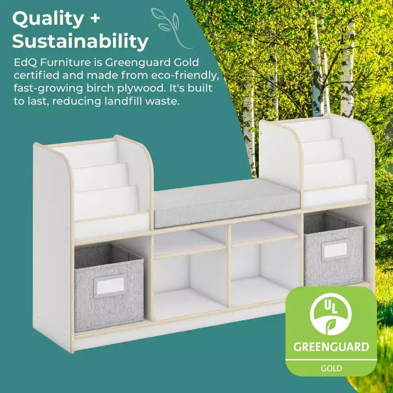 Guidecraft EdQ Reading Nook: Wooden Kids' Furniture for Book Storage with Bins and Cushioned Seat, Reading Bench Bookshelf