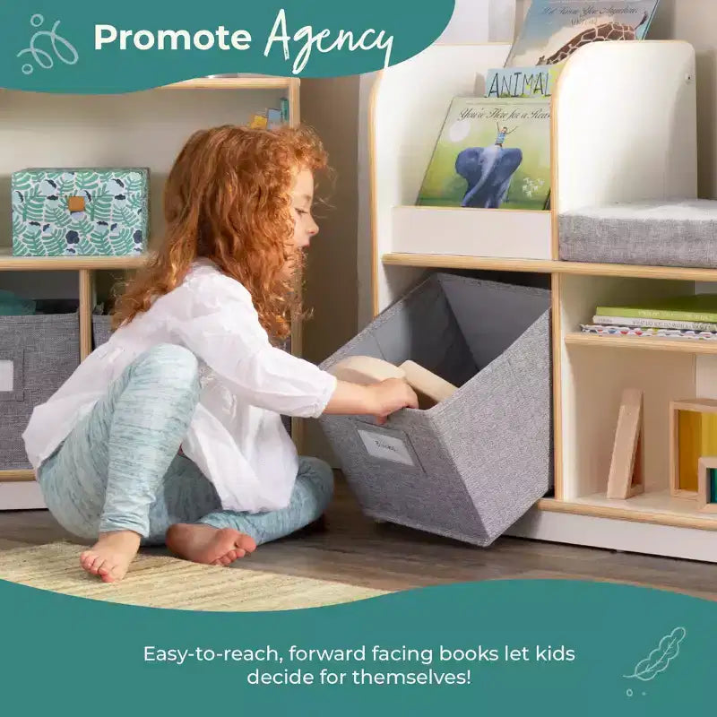 Guidecraft EdQ Reading Nook: Wooden Kids' Furniture for Book Storage with Bins and Cushioned Seat, Reading Bench Bookshelf