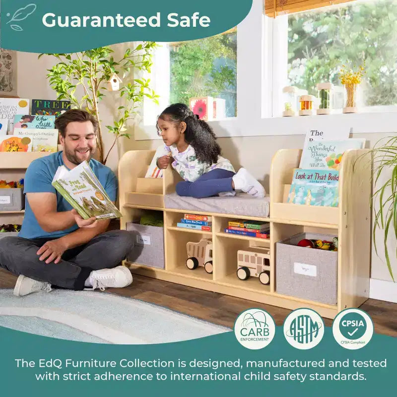 Guidecraft EdQ Reading Nook: Wooden Kids' Furniture for Book Storage with Bins and Cushioned Seat, Reading Bench Bookshelf