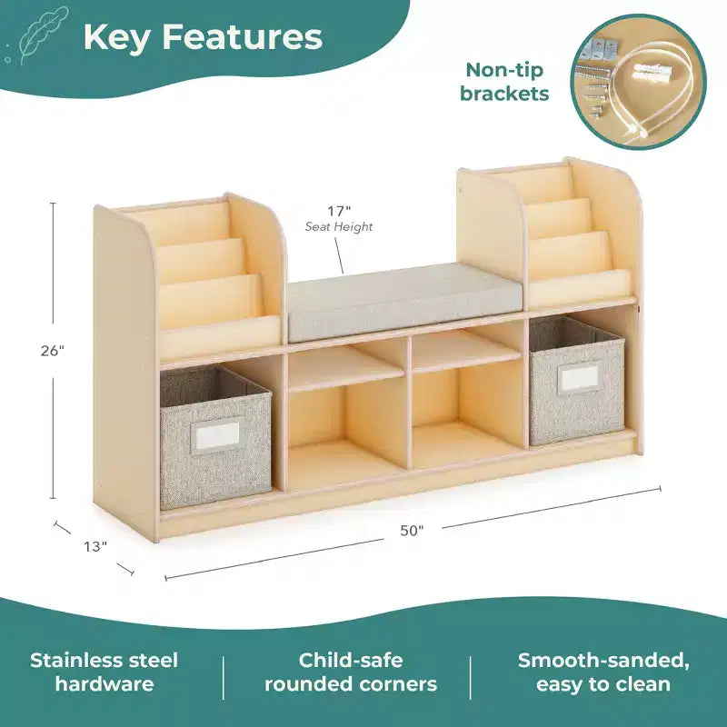 Guidecraft EdQ Reading Nook: Wooden Kids' Furniture for Book Storage with Bins and Cushioned Seat, Reading Bench Bookshelf