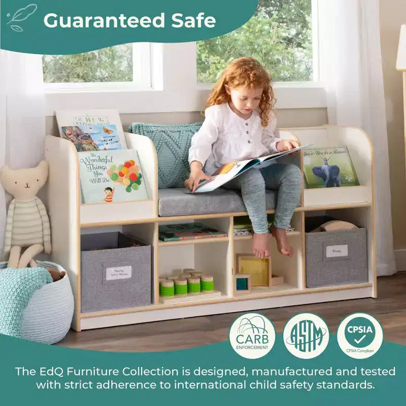 Guidecraft EdQ Reading Nook: Wooden Kids' Furniture for Book Storage with Bins and Cushioned Seat, Reading Bench Bookshelf