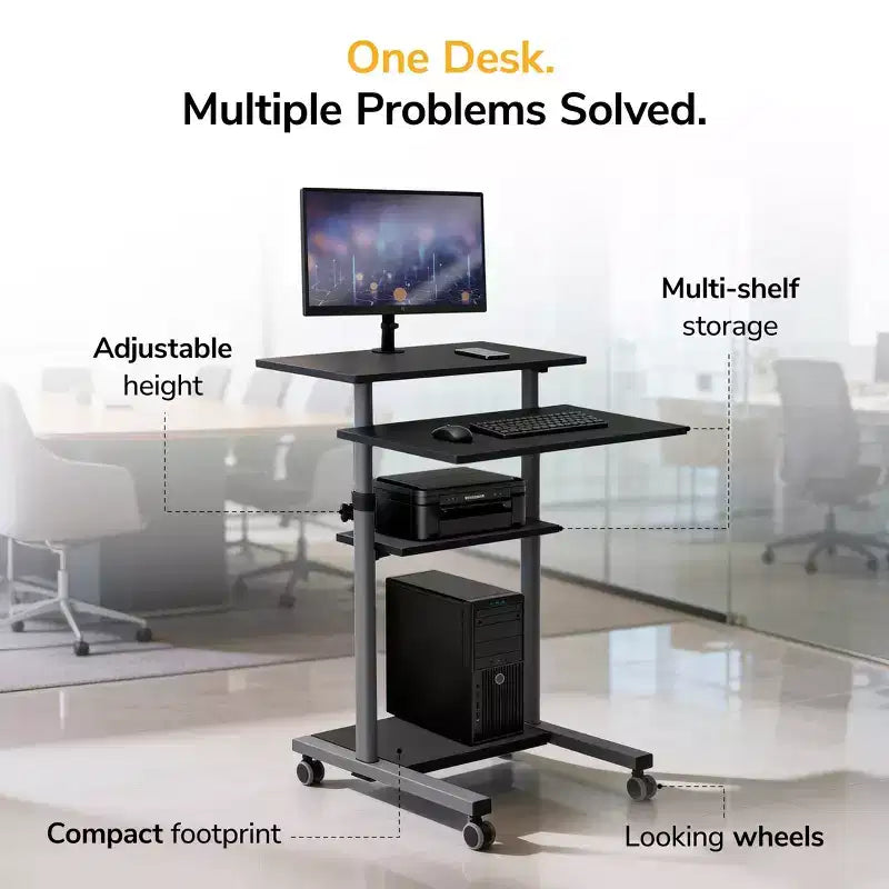 Mount-It! Height Adjustable Mobile Standing Desk & Computer Work Station with Locking Wheels - Grey